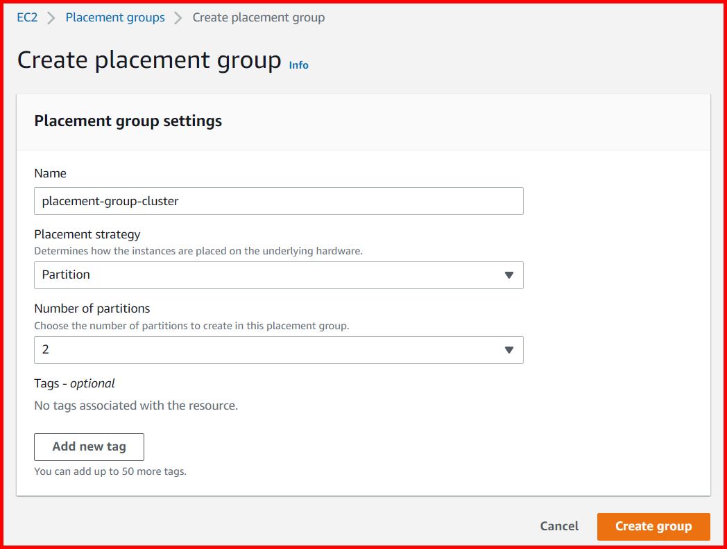 Picture showing the create placement group screen with placement strategy as partition